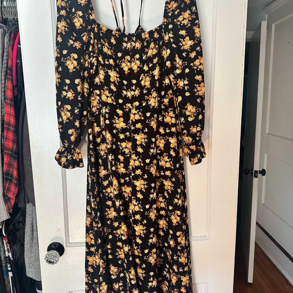 SHEIN Black and Yellow Floral Long Sleeve Dress